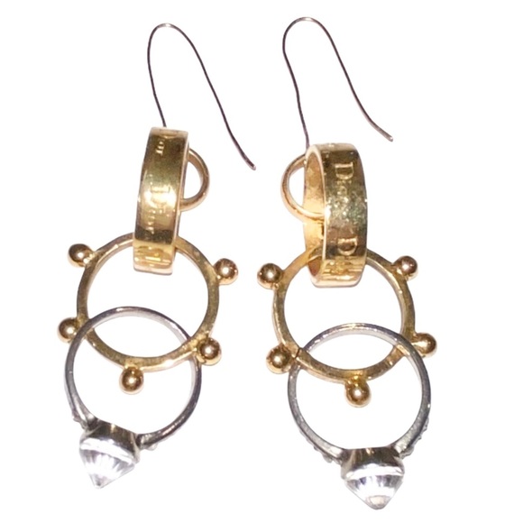 AUTH VTG Christian Dior Gold & Silver Triple Ring Drop Dangle Logo Hook Earrings - Picture 1 of 13